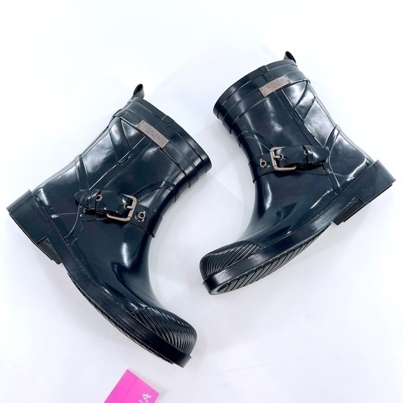 Coach Lester Short Calf Navy Blue Rubber Wellies Rain Boots with Buckle size 6 B - Picture 7 of 13